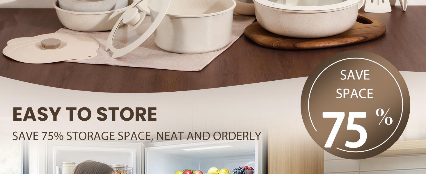 Nonstick Ceramic Cookware Set 20-Piece - Pots and Pans Set with Detachable Handle - RV Stackable Kitchen Cooking Set, Induction/Dishwasher/Oven Safe, with Frying, Cream White Nonstick Ceramic Cookware Set 20-Piece - Pots and Pans Set with Detachable Handle - RV Stackable Kitchen Cooking Set, Induction/Dishwasher/Oven Safe, with Frying, Cream White