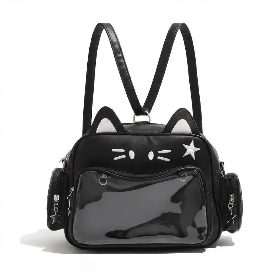 Girls' Cute PU Leather Cat Ita Backpack Bag, Clear Window Pin Display Y2K Preppy Bag for School, Anime & Daily Use
