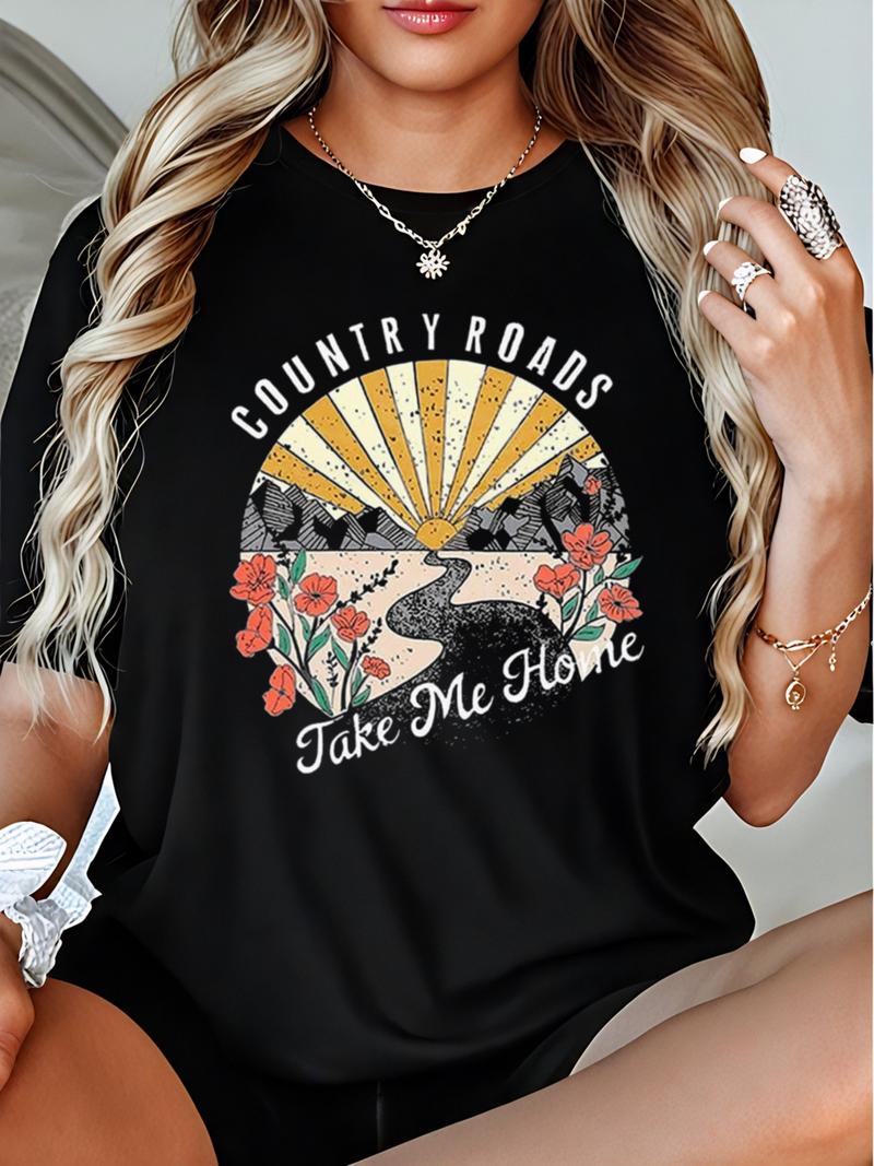 Women's Country Roads Floral Print T-Shirt 100% Cotton Crew Neck Short Sleeve Black Tee