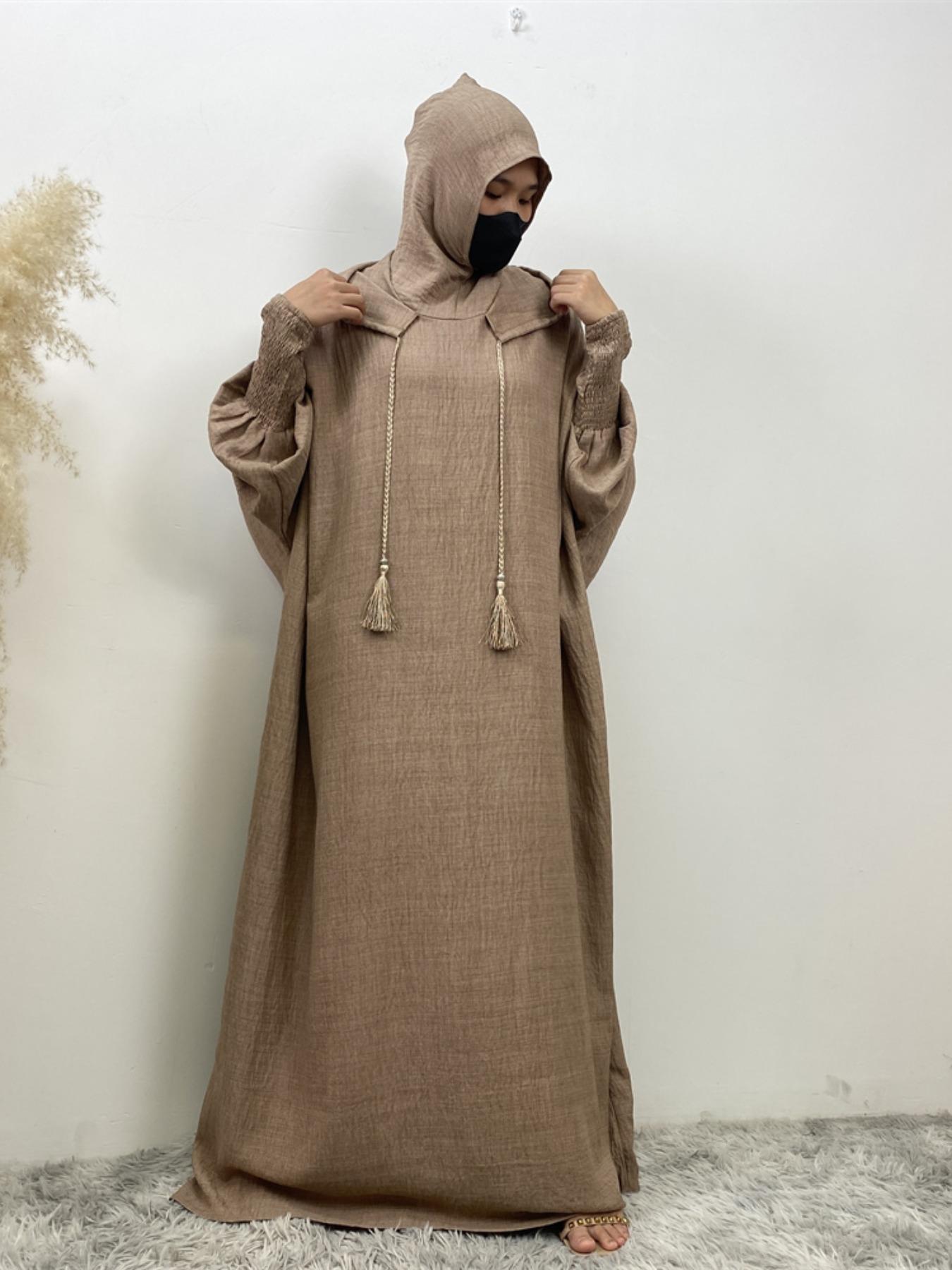 Women's Solid Color Batwing Sleeve Drawstring Hooded Dress, Casual Long Sleeve Shirred Cuff Long Dress for Spring & Fall, Women's Islamic Clothing for Daily Wear, Hooded Arabian Dress