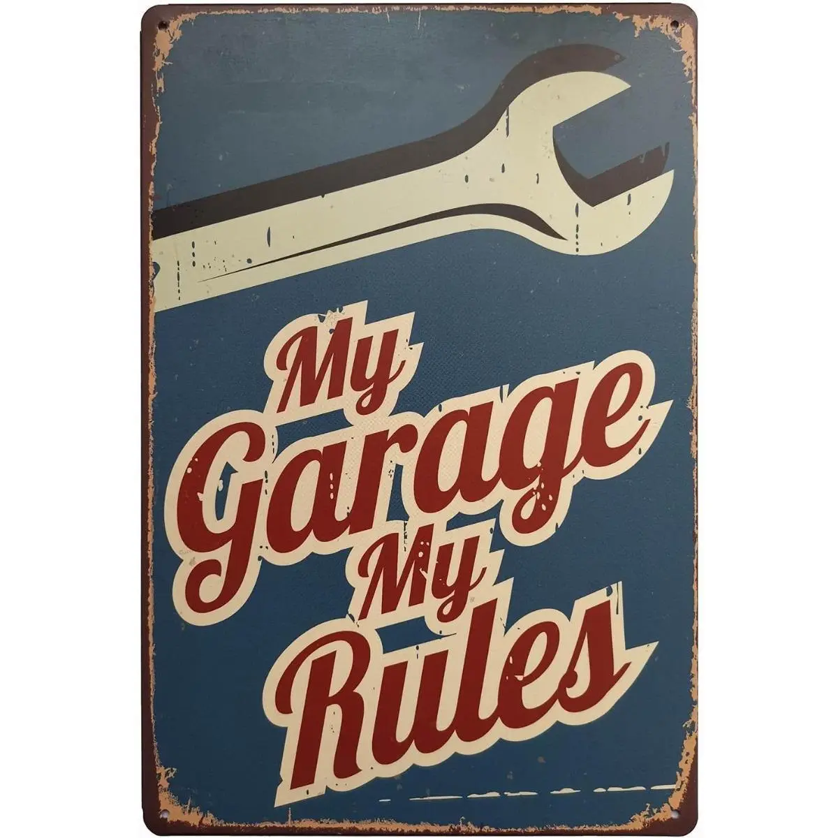 8x12 in Vintage Garage Sign - Industrial Metal Classic 70s-90s Style Artwork, Blue-Red Mechanical Wall Plaque with Worn Edges, Wall-Mount Workshop Decor, Mechanic Gift for Adult Fathers