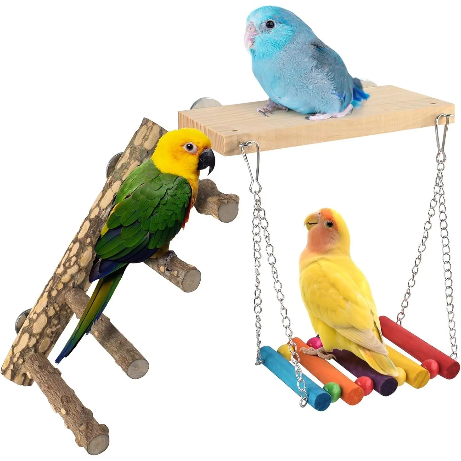 3in1 Bird Perch Toys for Parrots Wooden Ladder Perch for Cage Parrot Platform Stand Colourful Swing Hammock Climbing Bridge Exercise Cage Accessories for Budgies Cockatiels Lovebirds Hamster
