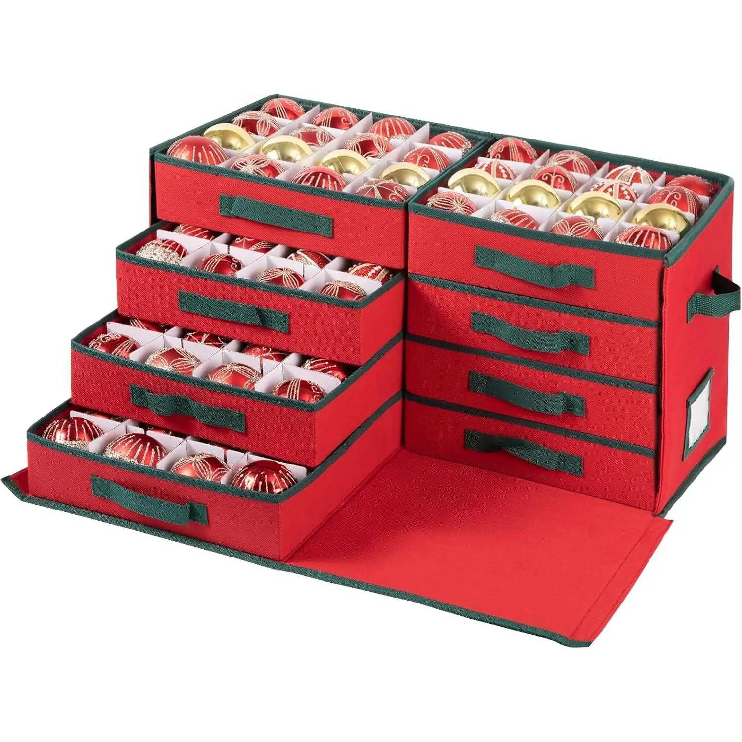 Christmas Ornament Storage Box with Adjustable Dividers, Side Open Christmas Storage Container Stores Up to 128 3" Ornaments, 8 Removable Drawer Style Trays - Red