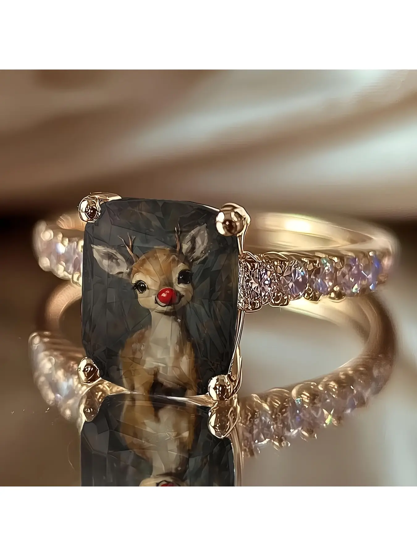 Rectangular red-nosed reindeer printed ring - Vintage oil painting pattern of little deer Rudolph finger ring - A cute and playful Christmas-themed gift suitable for ladies for festive wear and decoration.