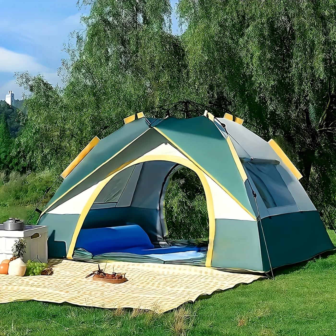 4-Person Automatic Pop-Up Tent with UV Protection, Mosquito Net, And Sunshade Head Cover - Zipper Closure for Camping, Beach, Park Use - Spacious Interior |     Sturdy Support Poles