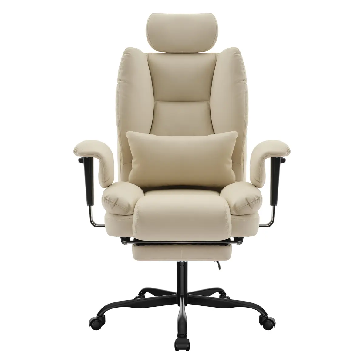 Ergonomic High Back PU Leather Office Chair with Adjustable Headrest & Retractable Footrest, Height Adjustable Armrest, Lumbar Support, Memory Foam Padding, Heavy-Duty Metal Base Holds 200KG Desk Computer Chair, Beige