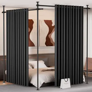 Room Divider for Room Separation (57-145in W), Curtain Rods No Drilling for Bedroom, Freestanding Room Divider Panel Tension Rod, Wall Divider  Screen Partition for Space Separator, Drill Free