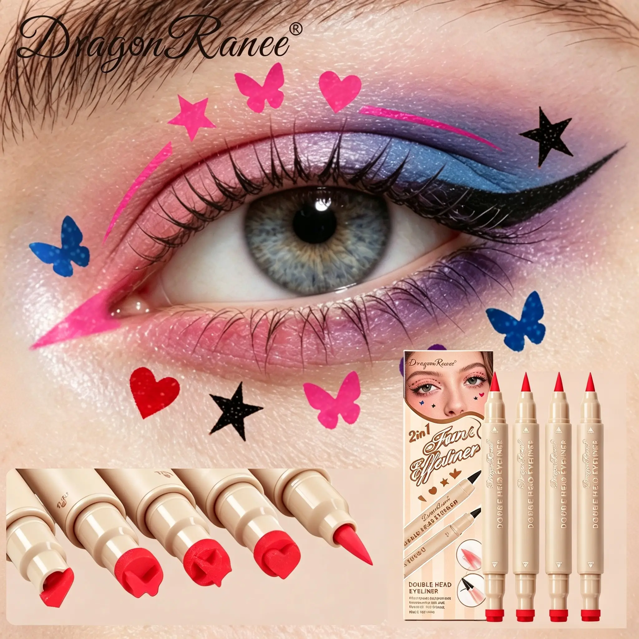 2 in 1 Double Head Eyeliner Stamp Set, Fine Tip Liquid Eyeliner, 4 Shapes Stamp, 5 Vibrant Colors, Long Lasting Eye Makeup Pen