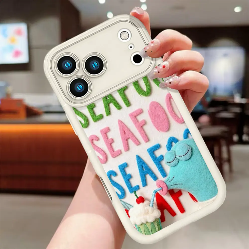 SpongeBob SquarePants Squidward SEAFOOD Funny Felt Art Phone Case For iPhone 17 16 15 14 13 12 11 Pro Max Plus X XR XS Air Cute Colorful 3D Felt Style Cartoon Character Shockproof Soft TPU Bumper Cover
