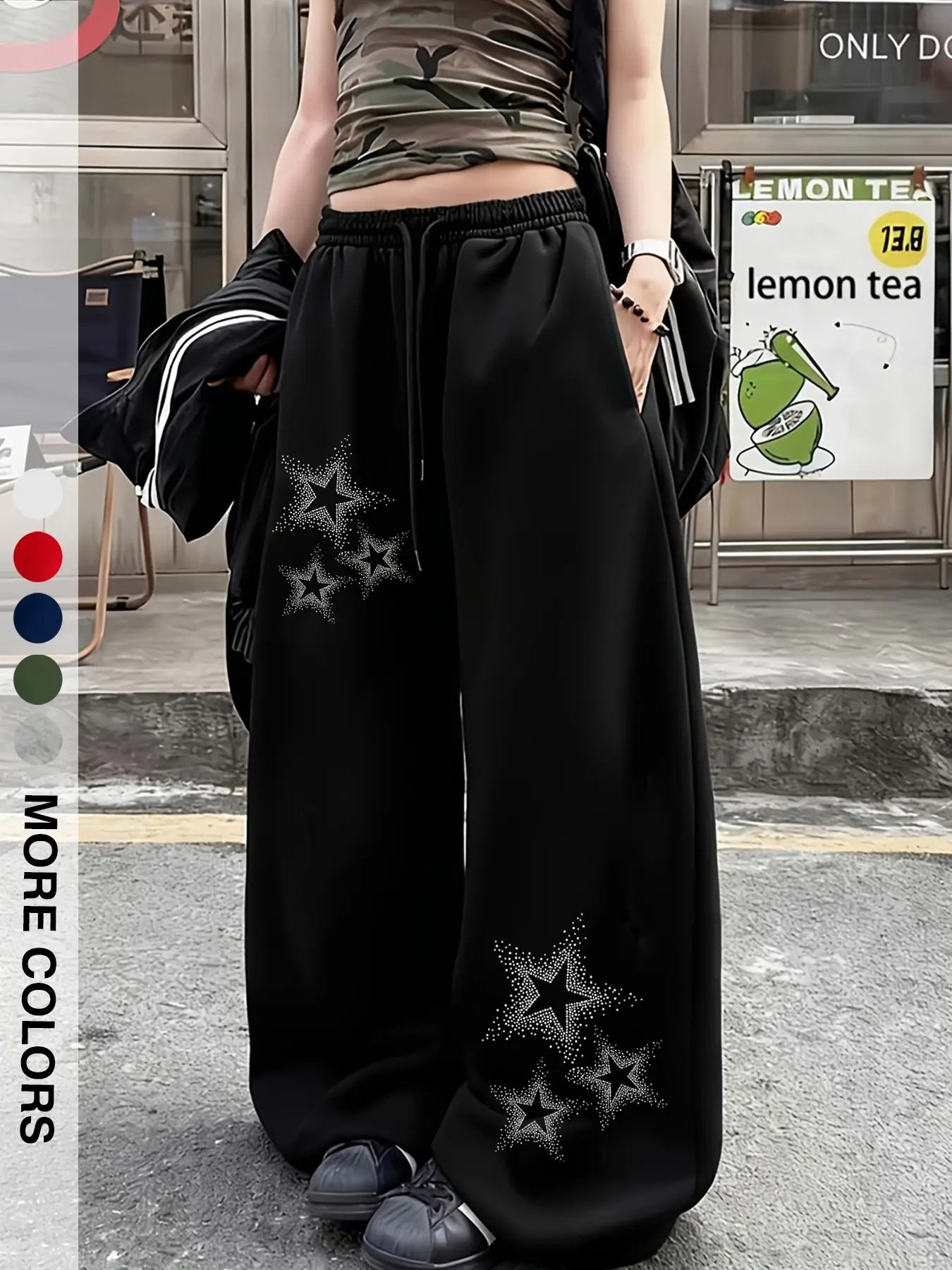 Women Multi-Color Y2K Hip-Hop Baggy Wide-Leg Sweatpants, Asymmetric Dual-Leg Dotted Star-Burst Graphic Print, High-Waist Drawstring Elastic-Waist Oversized Loose-Fit Trousers, Alt Street-Wear Casual Bottom for Street-Shooting & Daily Outfits