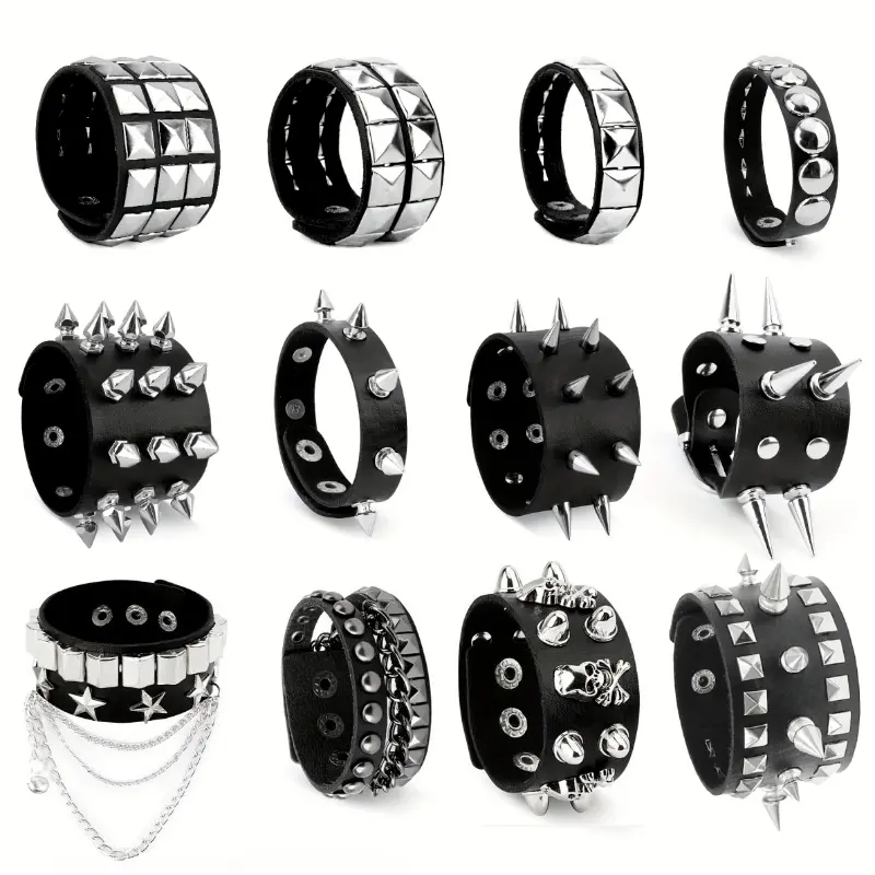12 piece Punk Studded Faux Leather Bracelet Set, Y2K Gothic Style Studded Rock Wristband, Unisex, Halloween Cosplay Street Style Accessories.