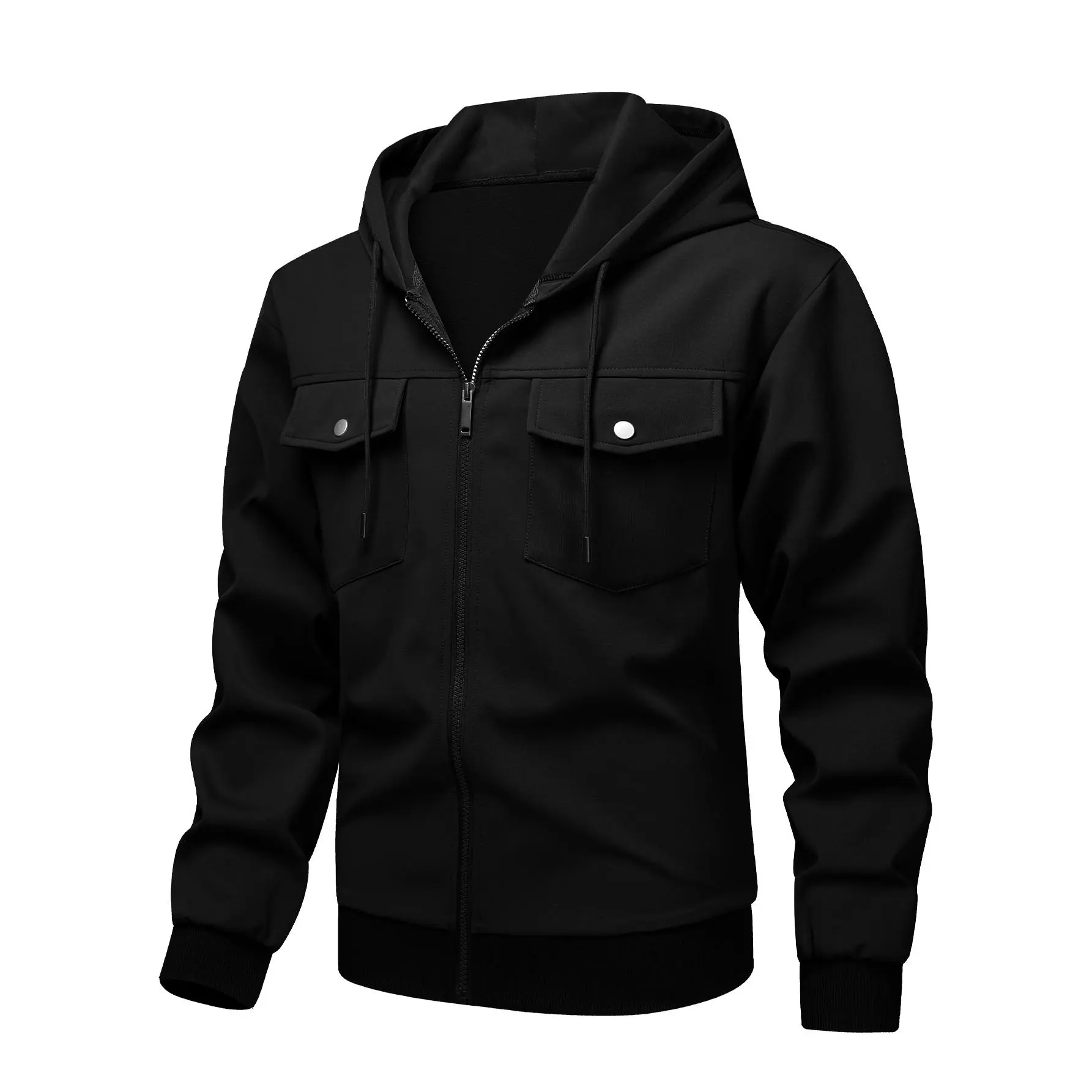 Men's Casual Hooded Jacket Full Zip Windbreaker Chest Pockets Drawstring Hood Ribbed Trim Coat Autumn Winter Outerwear Streetwear Male Clothing Apparel cozy soft cool clean chic active sporty casual premium classic stylish durable trendy vibe hype