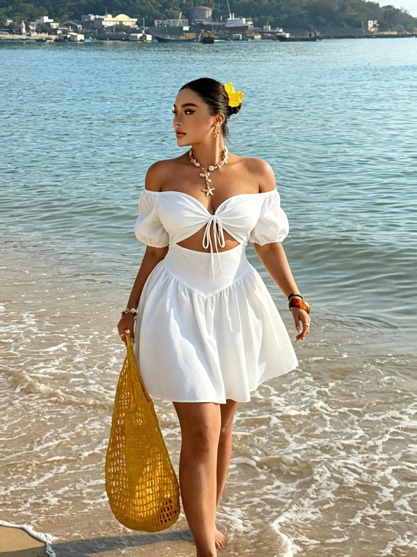 Women's Plus Size Off-Shoulder Mini Dress, Cutout Front A-Line Dress with Adjustable Drawstring Bust & High Waist, Beach Vacation Summer Sundress
