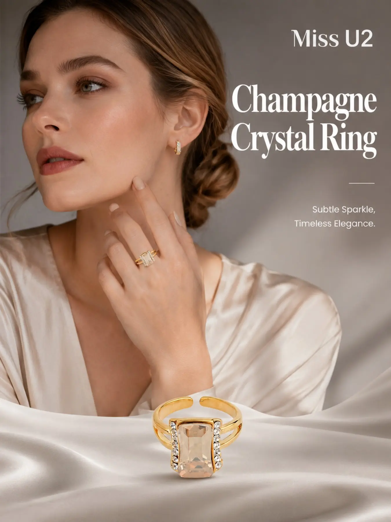 Square Champagne Crystal Open Ring, Elegant Adjustable Band, Women's Daily Party Jewelry, Gift-Ready Fashion Accessory