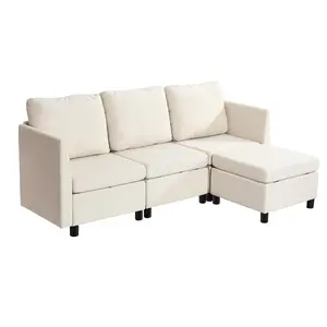【DealsForYouDays】VEVOR 3-Seat Modular Sectional Sofa with Hidden Storage, Cloud Sectional Couch with Ottoman, High Rebound Sponge, Solid Wood Frame, Cotton-Linen Upholstery, Wide Arms for Living Room, Bedroom, Beige