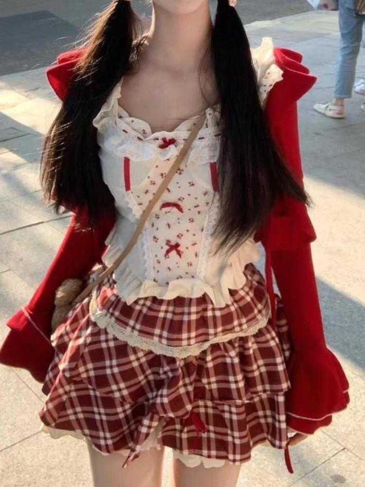 Autumn Sweet Lace Suit Women's Fashion Design Slim Bow Sling Long Sleeve Cardigan Hepburn New Red Plaid Short Skirt 3-piece Set