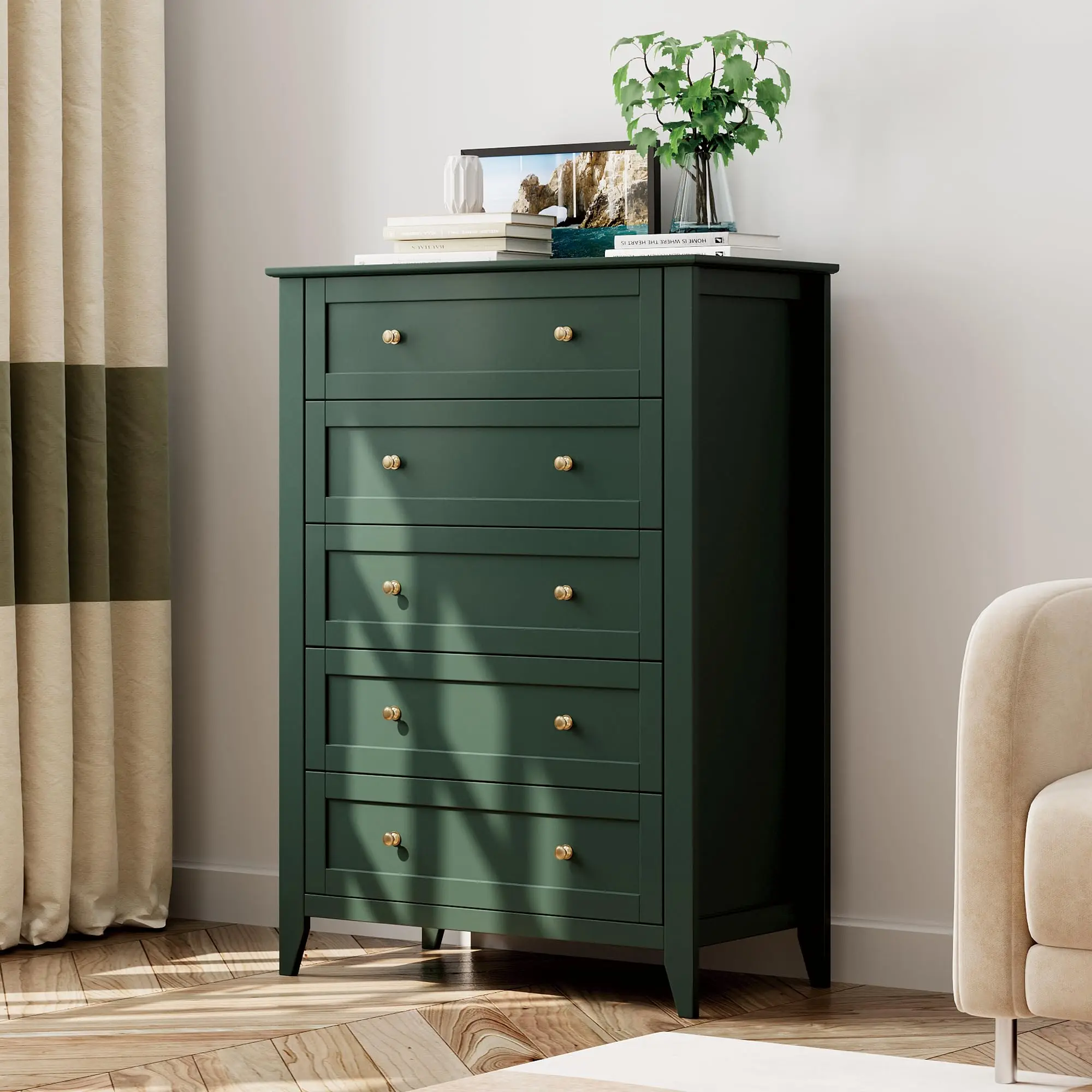Modern 5 Drawer Tall Dresser – Wooden Chest with Deep Storage & Metal Knobs – Versatile Organizer for Bedroom, Entryway, Hallway – Available in White/Green/Pink