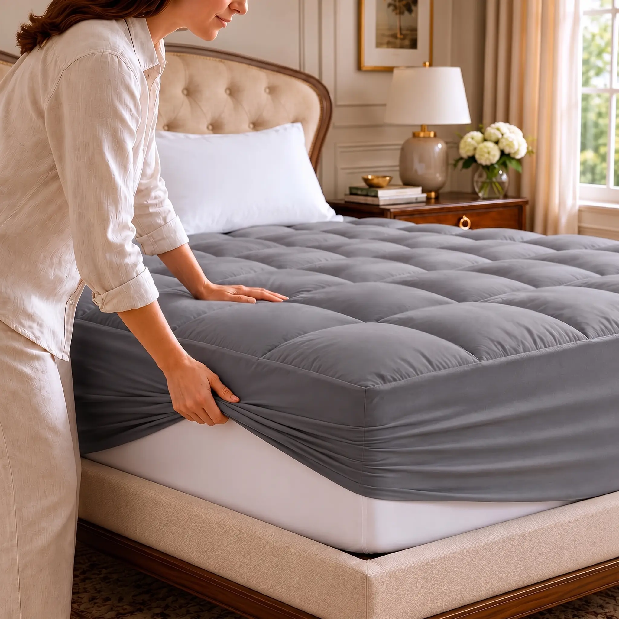 Waterproof quilted fitted sheet, soft padded mattress protector with large square stitch design, deep pocket elastic bed cover, breathable mattress cover for bedroom