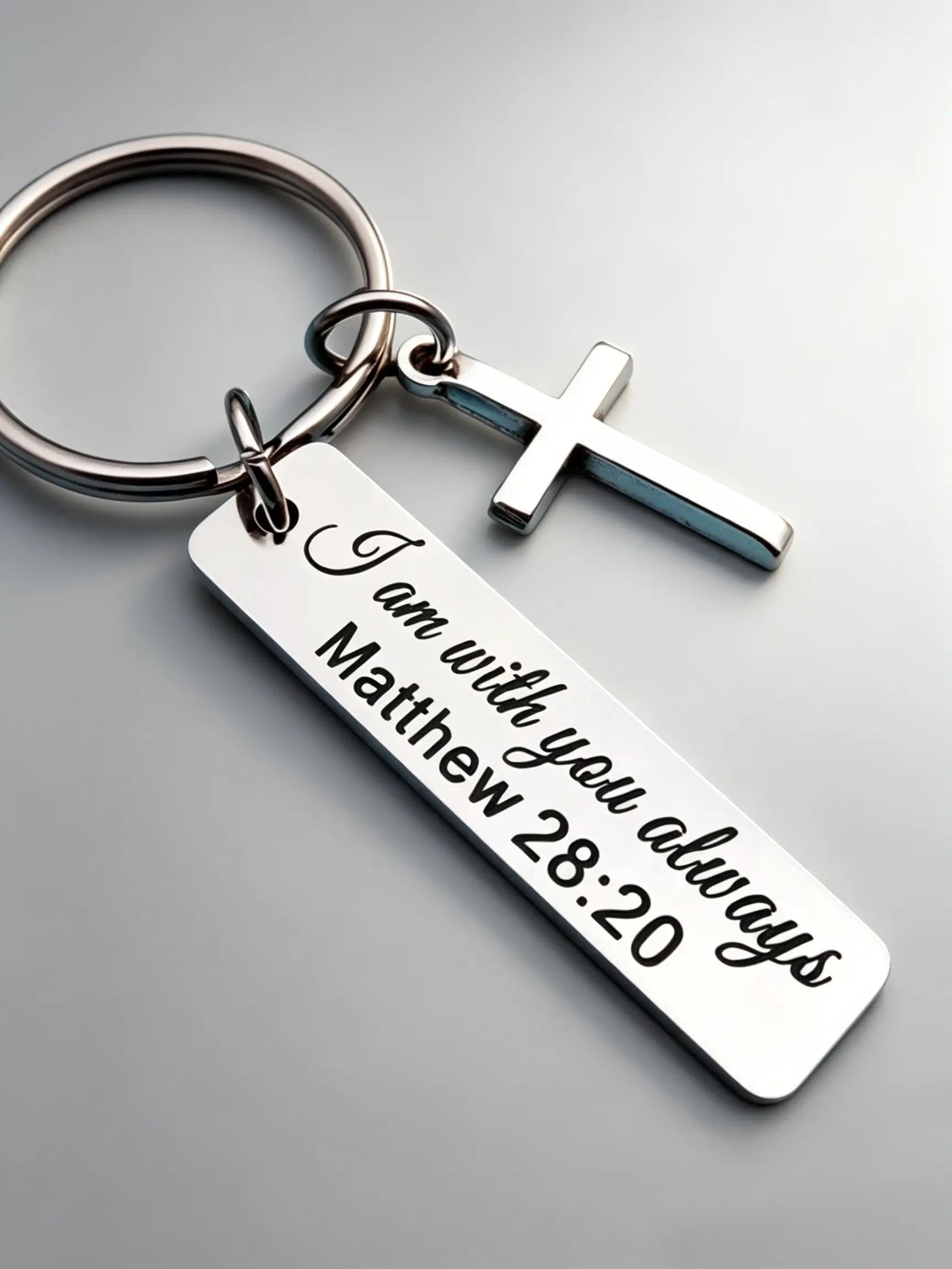 1pc Matthew 28:20 Bible Verse Bar Cross Stainless Steel Keychain, Inspirational Religious Gift For Christians