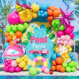 Hawaiian Balloon Arch Kit - Tropical Party Decor with 151 Latex Balloons & 4 Foil Balloons (Starburst, , Pineapple, Mango), Chains, Ribbons, Dots for Summer Birthdays, Weddings, Luau Theme