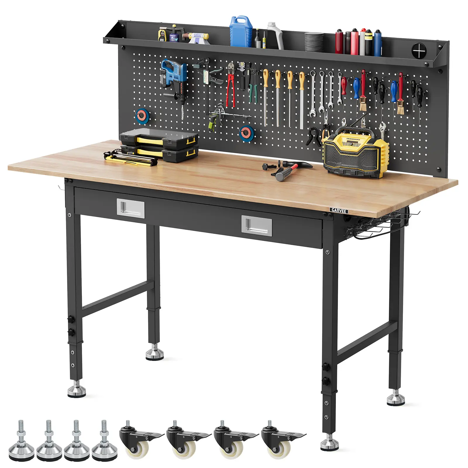 Heavy Duty Adjustable-Height Workbench with 60 in Oil-Resistant Rubberwood Top, Drawers, Peg Board, Power Outlets, Locking Casters, 2000 lbs Capacity Mobile Garage Workshop Table