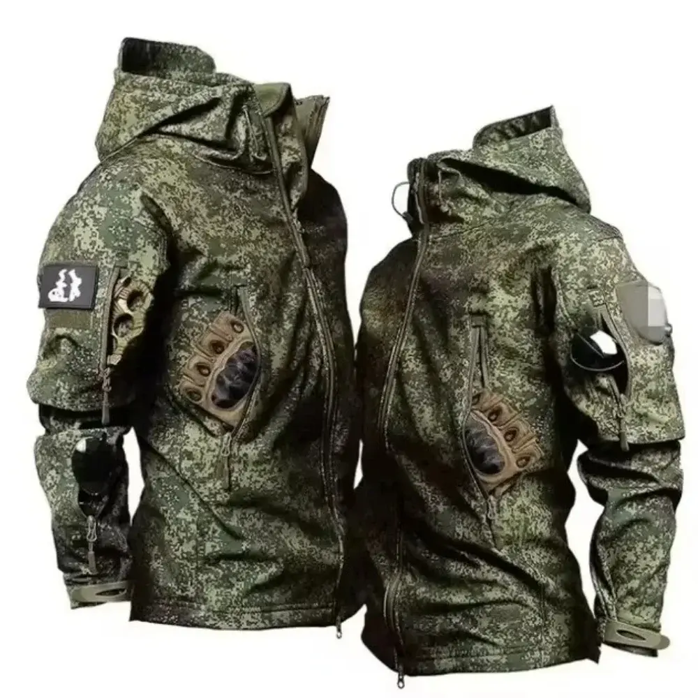 Mens Tactical Soft Shell Hooded Jacket & Multi-Pocket Pants Waterproof Winter Camo Gear