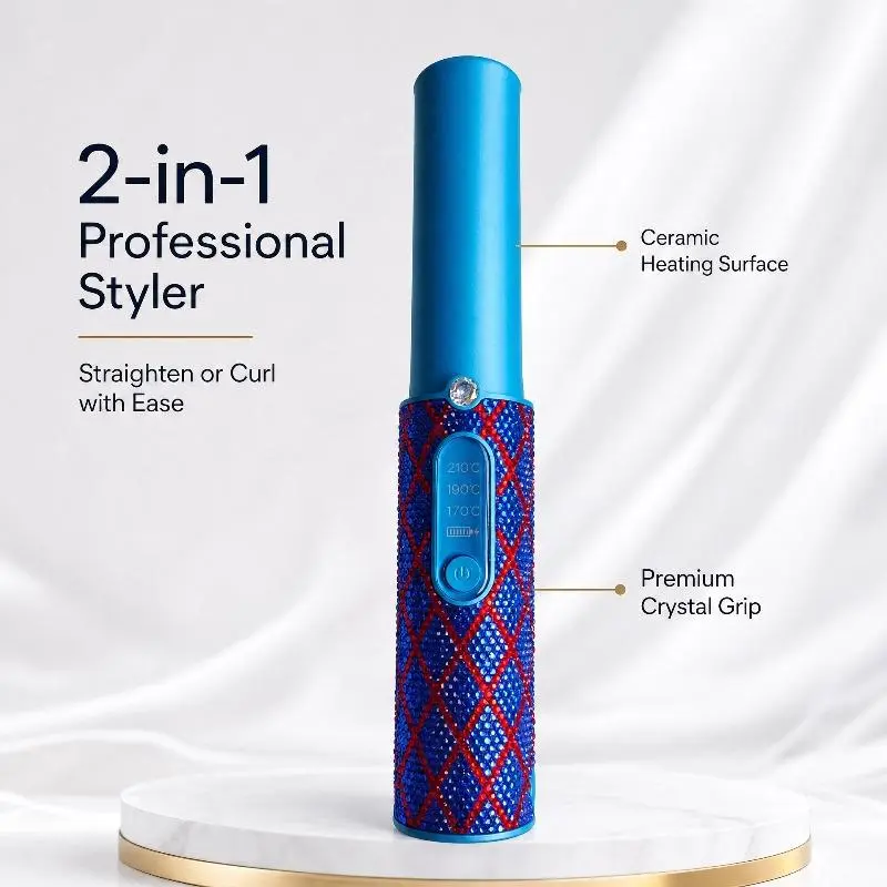 2-in-1 Cordless Hair Straightener & Curler, Portable Mini Flat Iron with Rhinestones, Fast Heating Hair Styler, Adjustable Temperature Travel Hair Iron