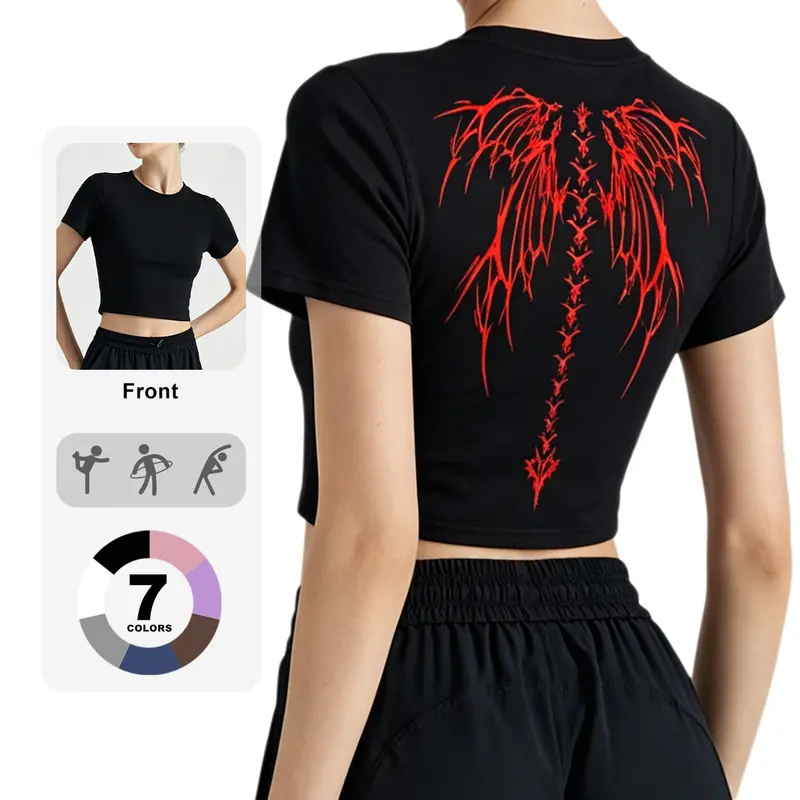 Women's Skull Wing Print Round Neck Crop Sports Tee, Sporty Quick Drying Breathable T-Shirt for Yoga Running Gym Training, Ladies Sportswear for Summer Gym Tees, Sportswear Top