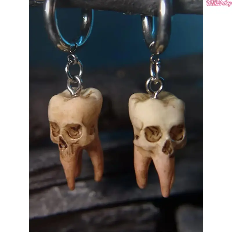 Unisex Blood Stained Wisdom Tooth Skeleton Dangle Earrings, Viral Goth Punk Witchy Horror Resin Drop Jewelry, Hypoallergenic Stainless Steel Statement Ear Accessories for Men Women, Halloween Cosplay Alternative Street Party Wear