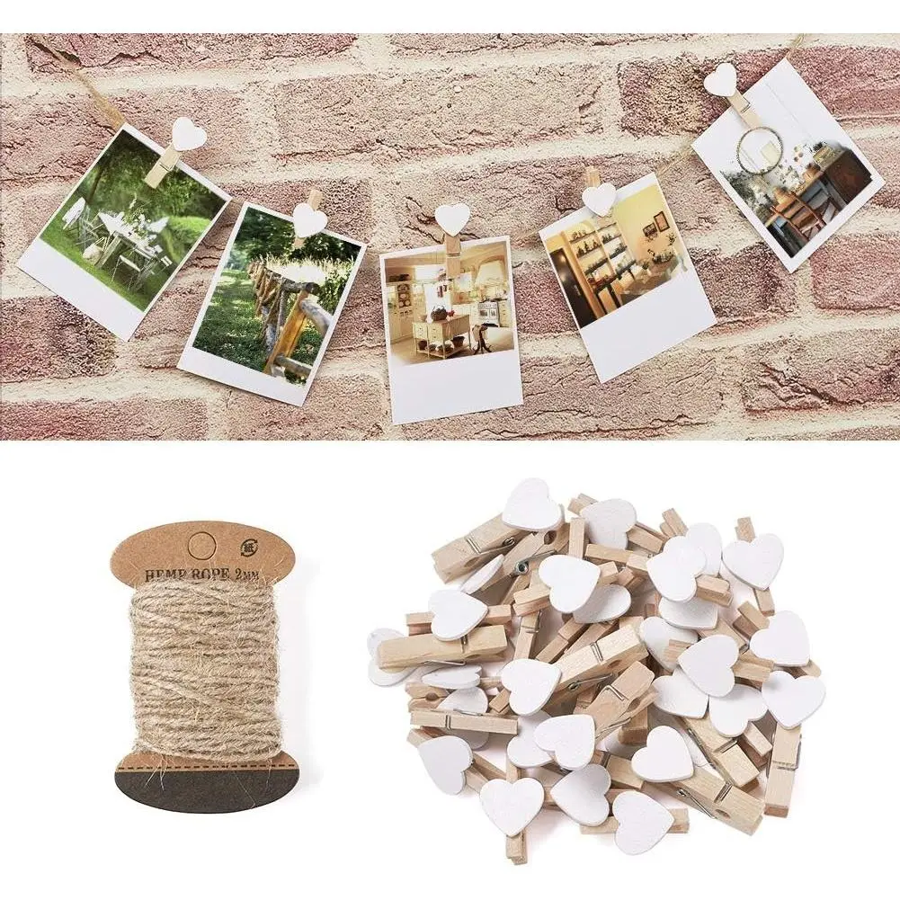 100pcs White Heart Wooden Clothespins Photo Peg Clips with 10.9 Yards Natural Jute Twine for Photo Display Hanging Home Party Wedding DecorationGift