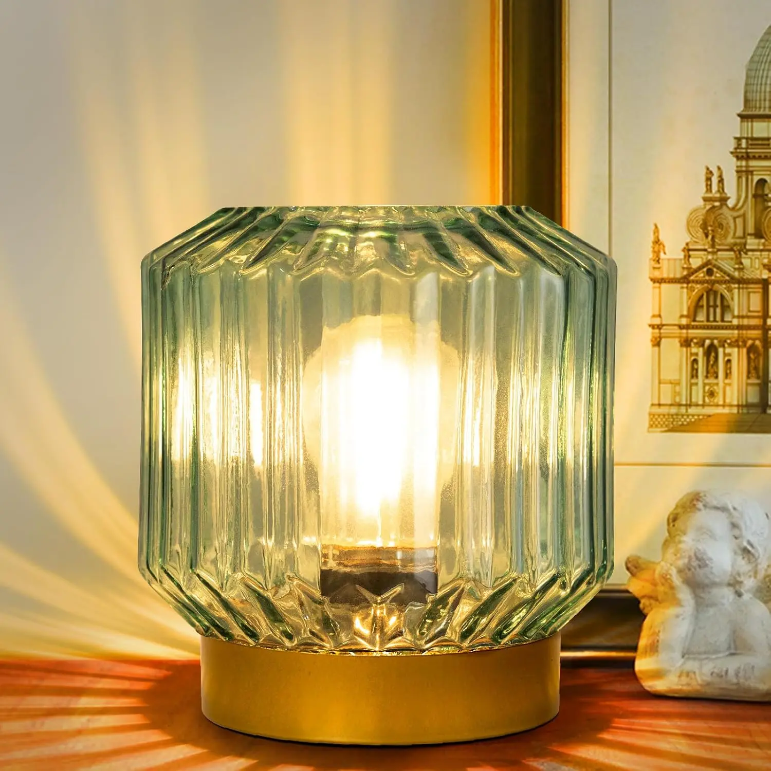 Battery Operated Lamp with Timer Cordless LED Small Lamp, Vintage Table Lantern, Rustic Mood Light for Bedroom Bathroom Farmhouse Home Decor (Green)