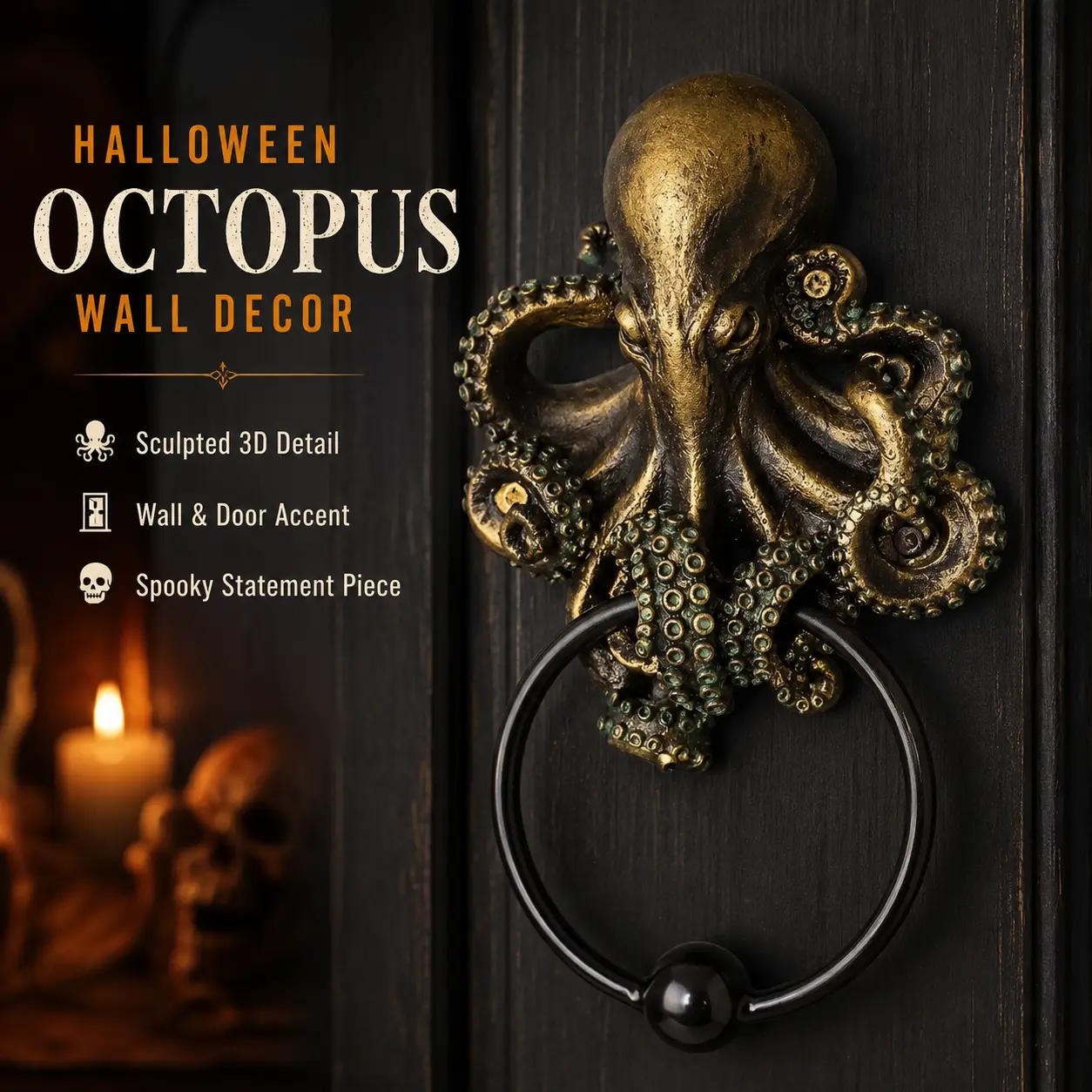 Halloween  Octopus Statue Sculpture Wall Mount, Decorative Wall Art, Retro Design for Wall and Door Decoration, Perfect for Halloween Decorations-YY2