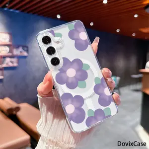 Purple Flowers with Soft Textured Petals and Leaves. HD Clear Shockproof Transparent Acrylic Magnetic Printed Phone Case for Samsung Galaxy S26 S25 S24 S23 S22 S21 S20 Fe Plus Ultra Edge S10E A57 A56 A55 A54 A37 A36 A35 A34 A26 A25 A24 A23 A17 A16 A15 A14
