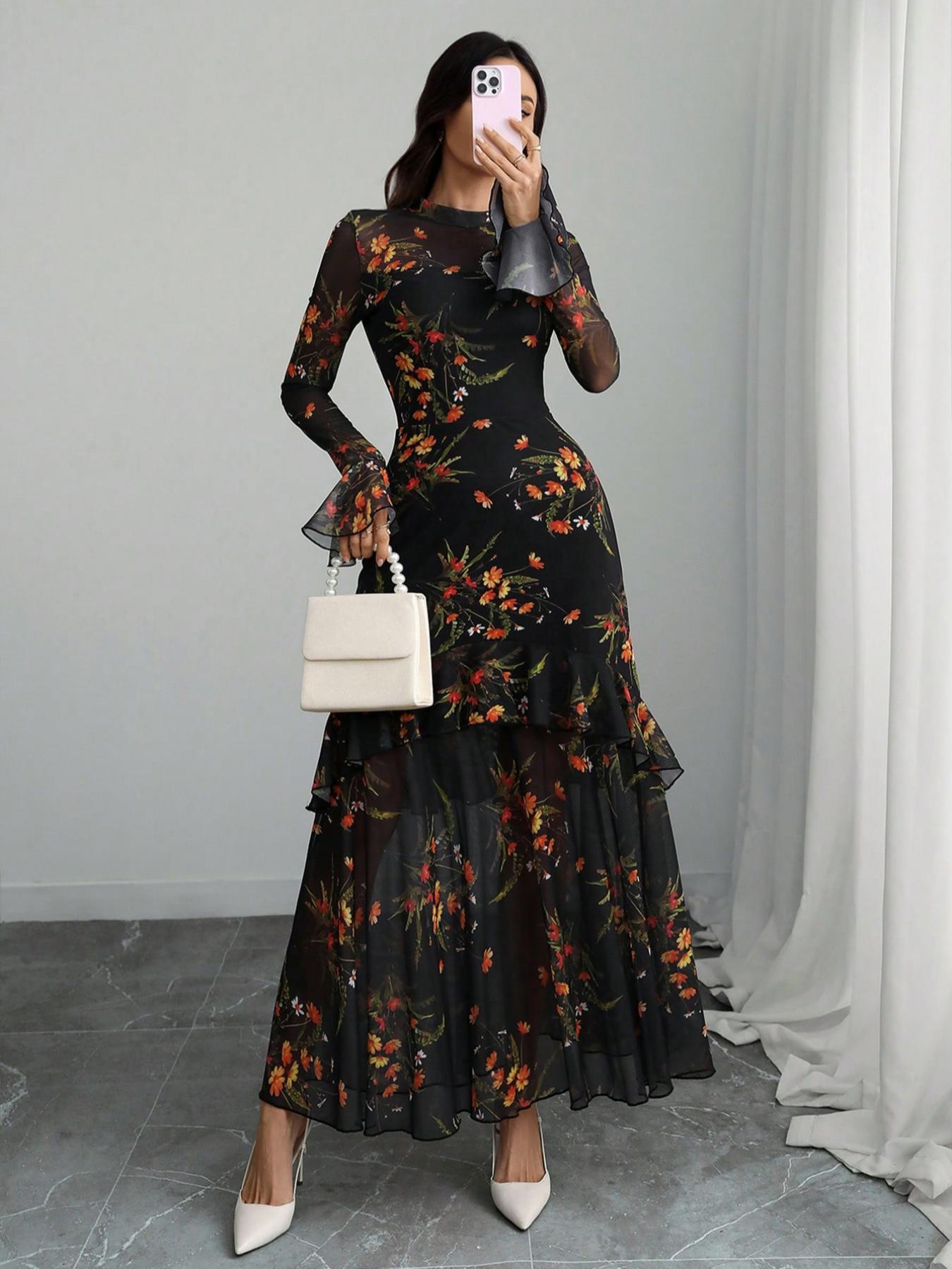 Women's Floral-Print Fitted Dress, Elegant Feminine Vintage Gothic Aesthetic Flared Long Sleeve Dress for Party Holiday Wedding Guest, Ladies' Clothes for All Seasons, Elegance, Garden Formal Dresses for Wedding Guest