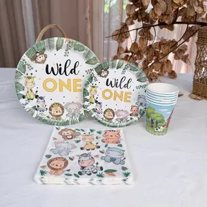 96pcs African Animal Happy Birthday Disposable Plates, Party Supplies, Easy Cleanup, No Wash, Ideal for Birthdays and Gatherings