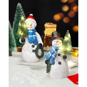 Resin Snowmen Figurines with Lighted Christmas Tree and Wreath 5'' - Set of 2 Battery Operated - Holiday Home Decorations (Snowman)