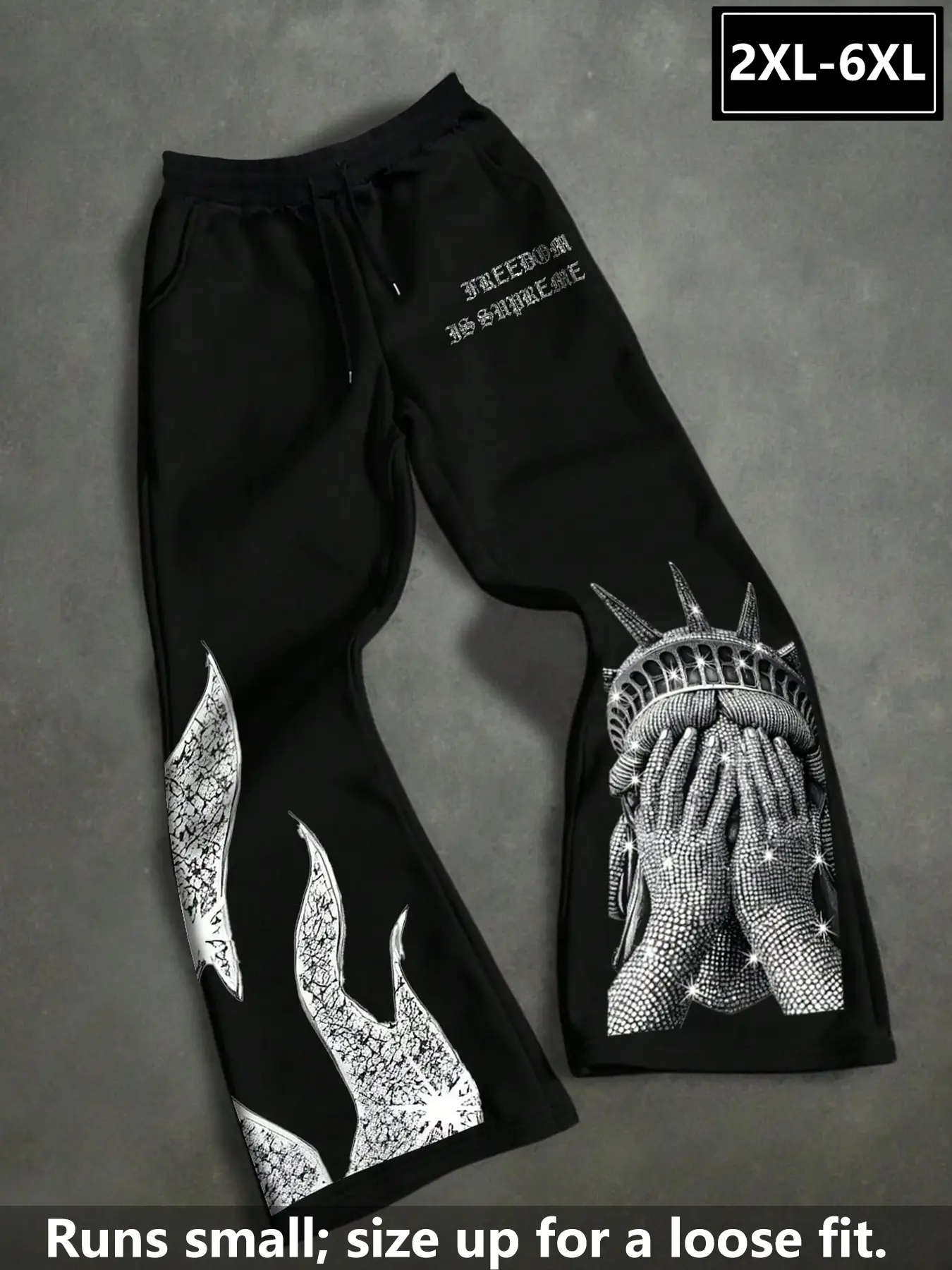 Men's 2xl-6xl Liberty Statue & Flame Pattern Wide Leg Sweatpants, Freedom Is Supreme Drawstring Waist Streetwear, Tall Men Loose Casual Pants