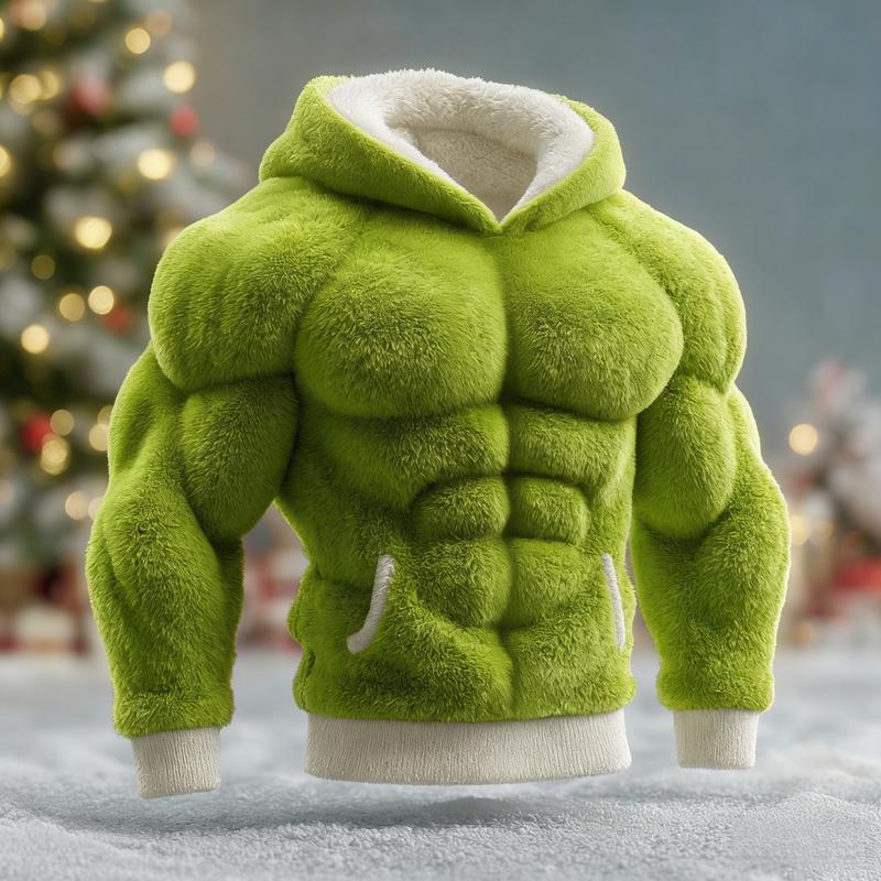 Men's 2D Muscle Sculpted Teddy Fleece Hoodie - Oversized Quilted Fuzzy Sweatshirt for Streetwear & Winter Warmth Dark Muscle-Feel Fleece Hoodie with 3D Tailored Chest Abs and Arm Sculpting