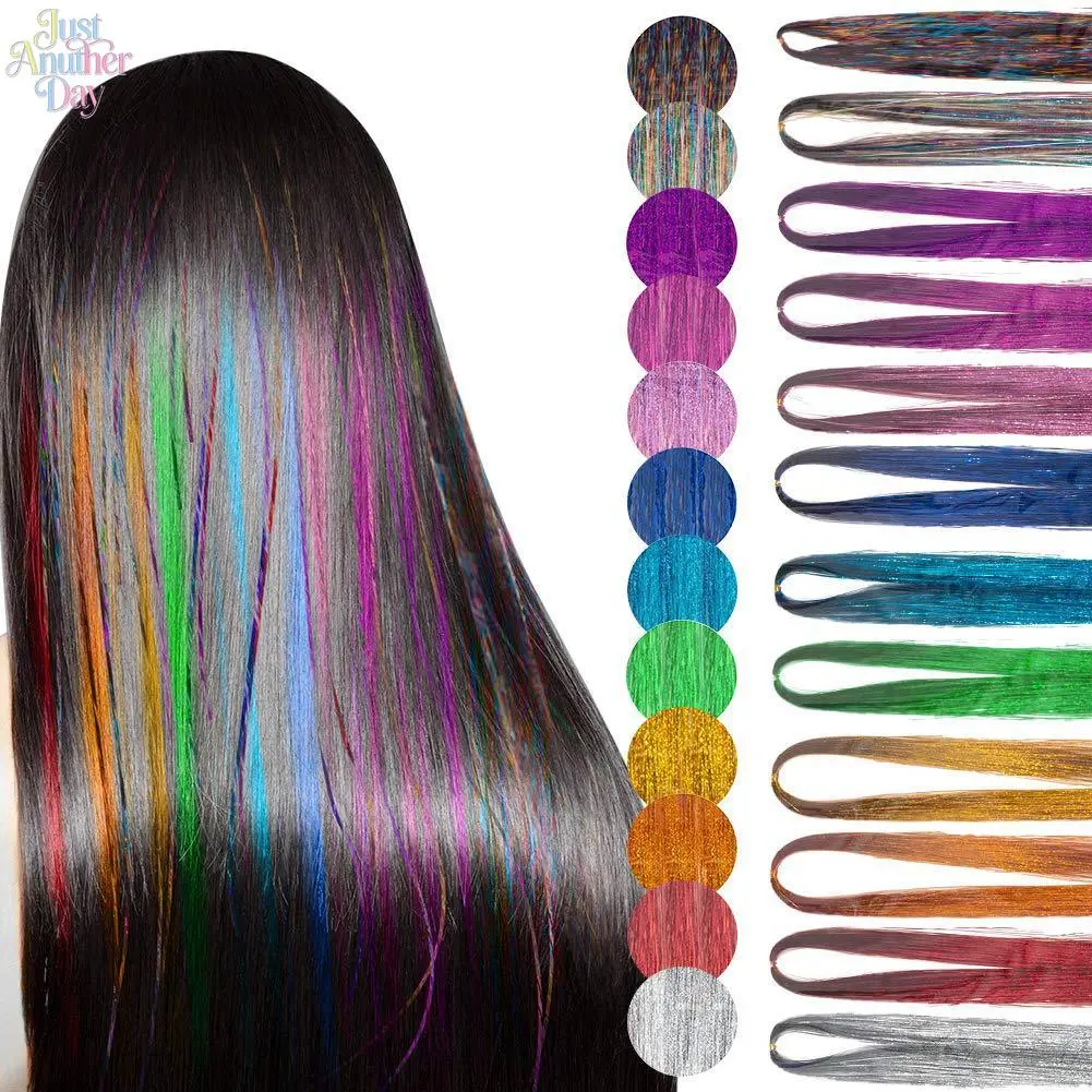 Rainbow Laser Glitter Hair Tinsel Strands, Shiny Metallic Silk Hair Extensions, Colorful Sparkle Hair String for Braids, Festival, Cosplay, Party & Daily Hair Styling