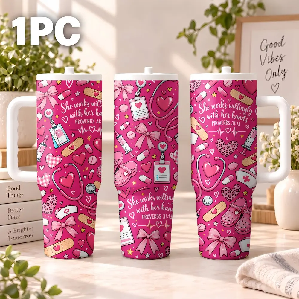 Bright 40oz Tumbler with Stethoscopes, Medical Icons, Hearts, Bows, Faith-Inspired Quote, Includes Handle, Lid, Straw