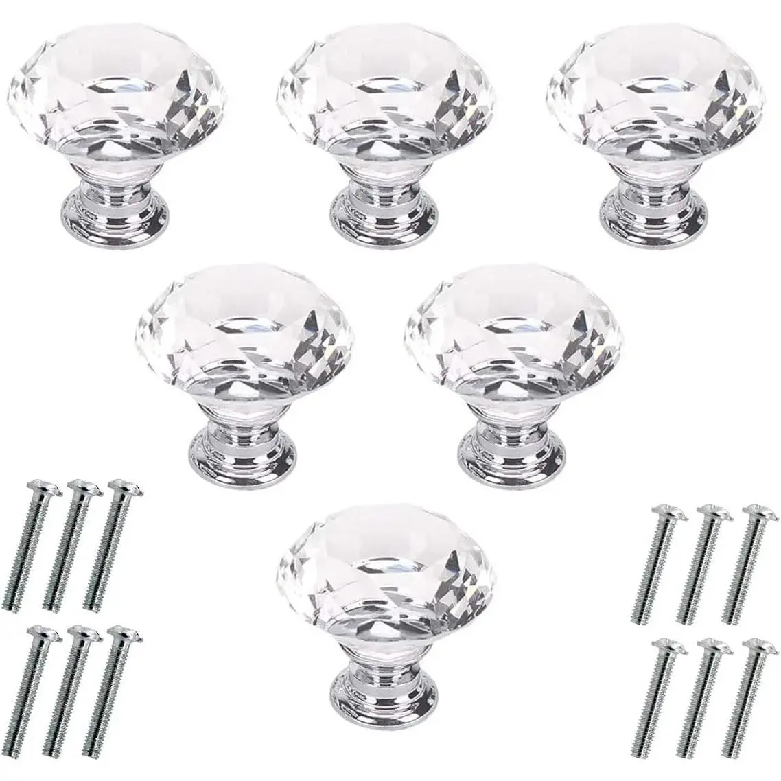 6 Pcs 30mm Diamond Crystal Glass Cabinet Knobs Drawer Kitchen Dresser Cupboard Wardrobe Pulls Handles ClearGift