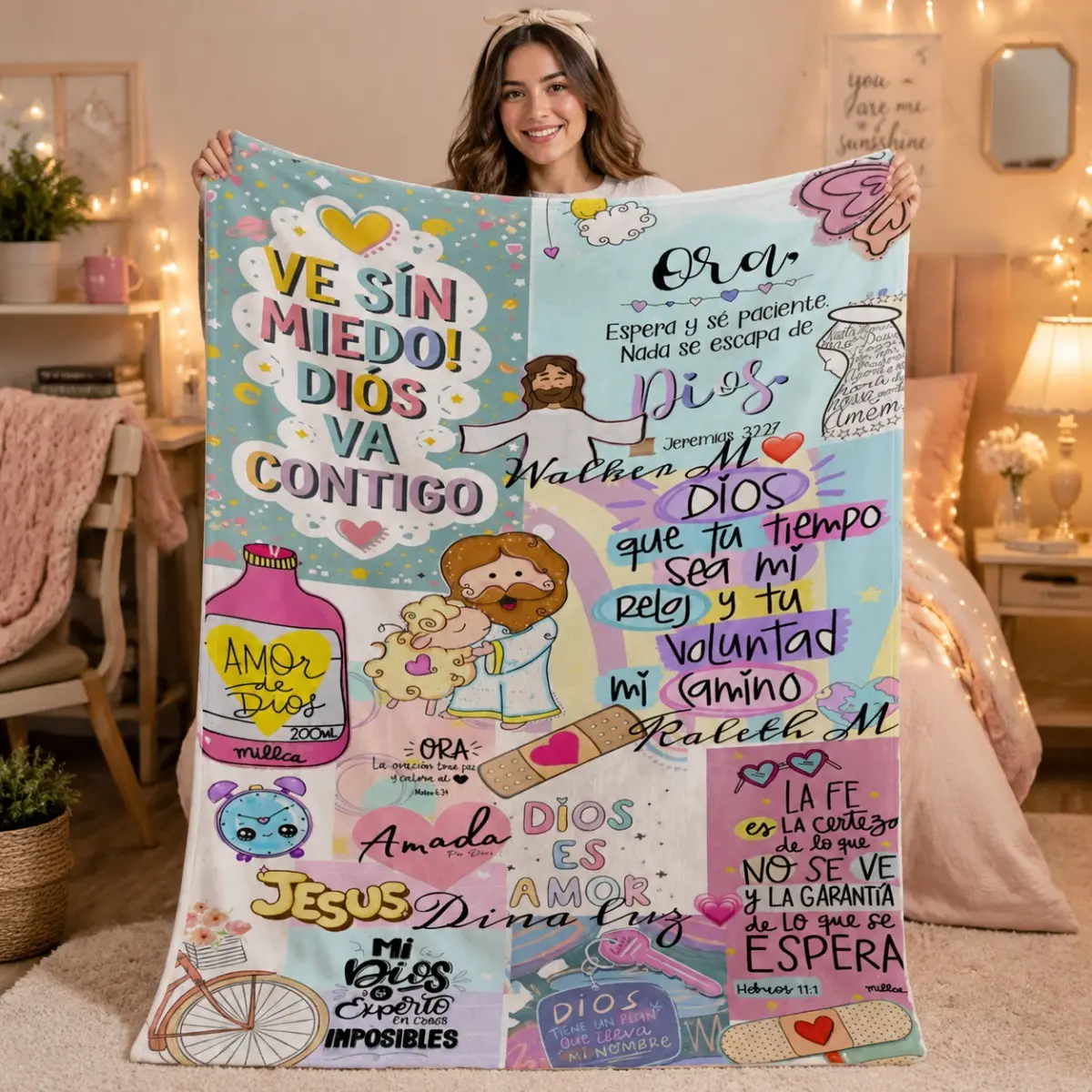 Spanish Christian Bible Quote Collage Flannel Throw Blanket, Cute Cartoon Jesus Lamb Colorful Print Blanket, Religious Home Decor, Faith Birthday Holiday Gift For Believers, Room Decor, Polyester Fabric