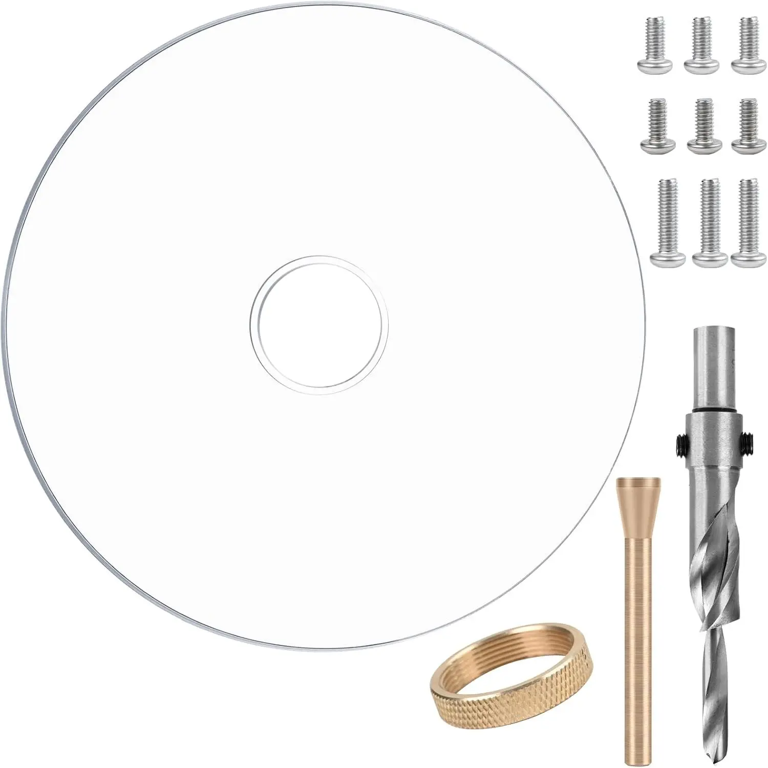 6-1/2" Router Base Plate DIY Drilling with Brass Centering Pin & Brass Nut 5/16 Inch Thick Clear Acrylic Base Plate Screws for Trim Routers Suitable for Any Router