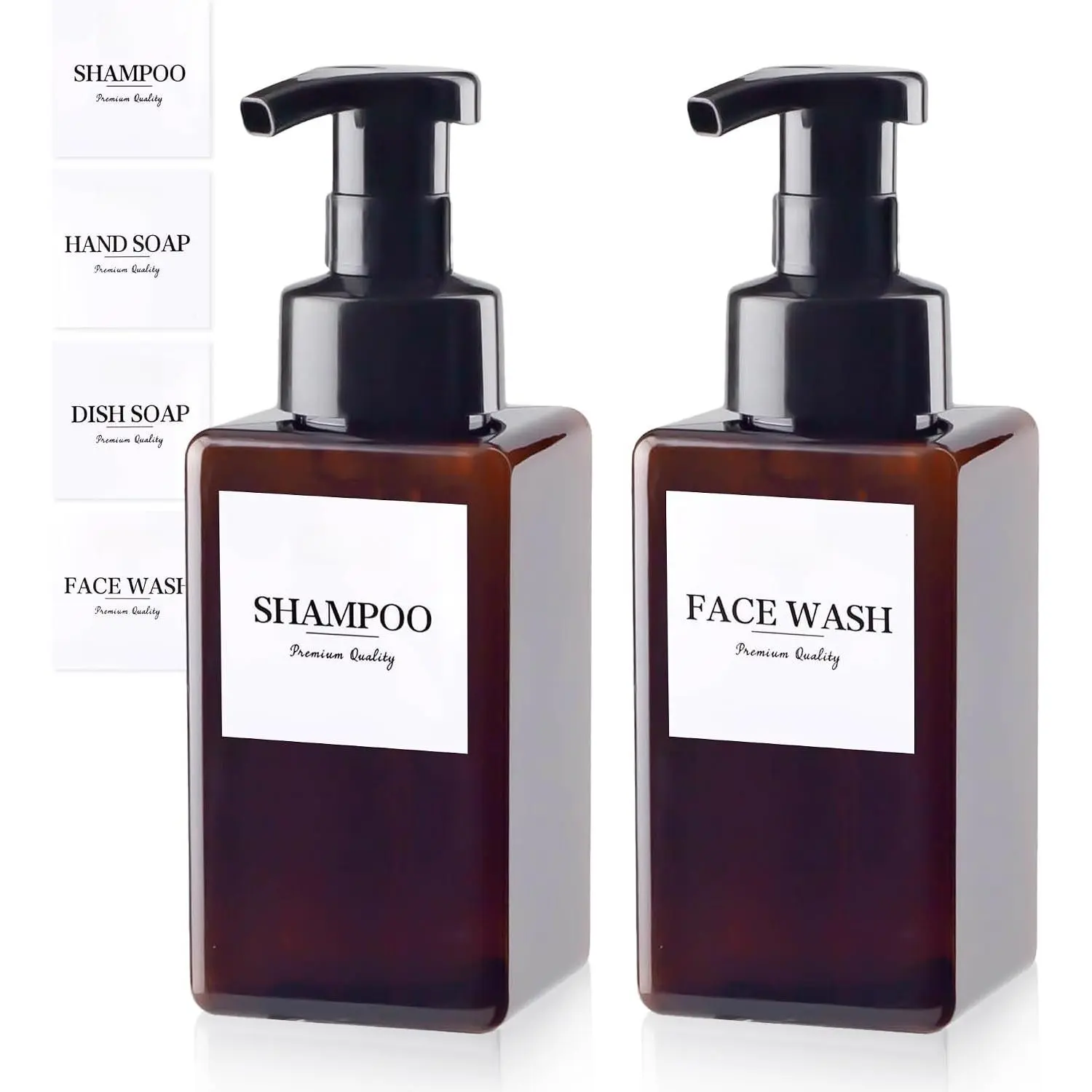 15oz Durable Plastic Foaming Soap Dispenser 2-Pack, 450ml Refillable Leakproof Pump Bottle with Labels for Hand Wash, Shampoo, Bathroom & Kitchen Home Supplies