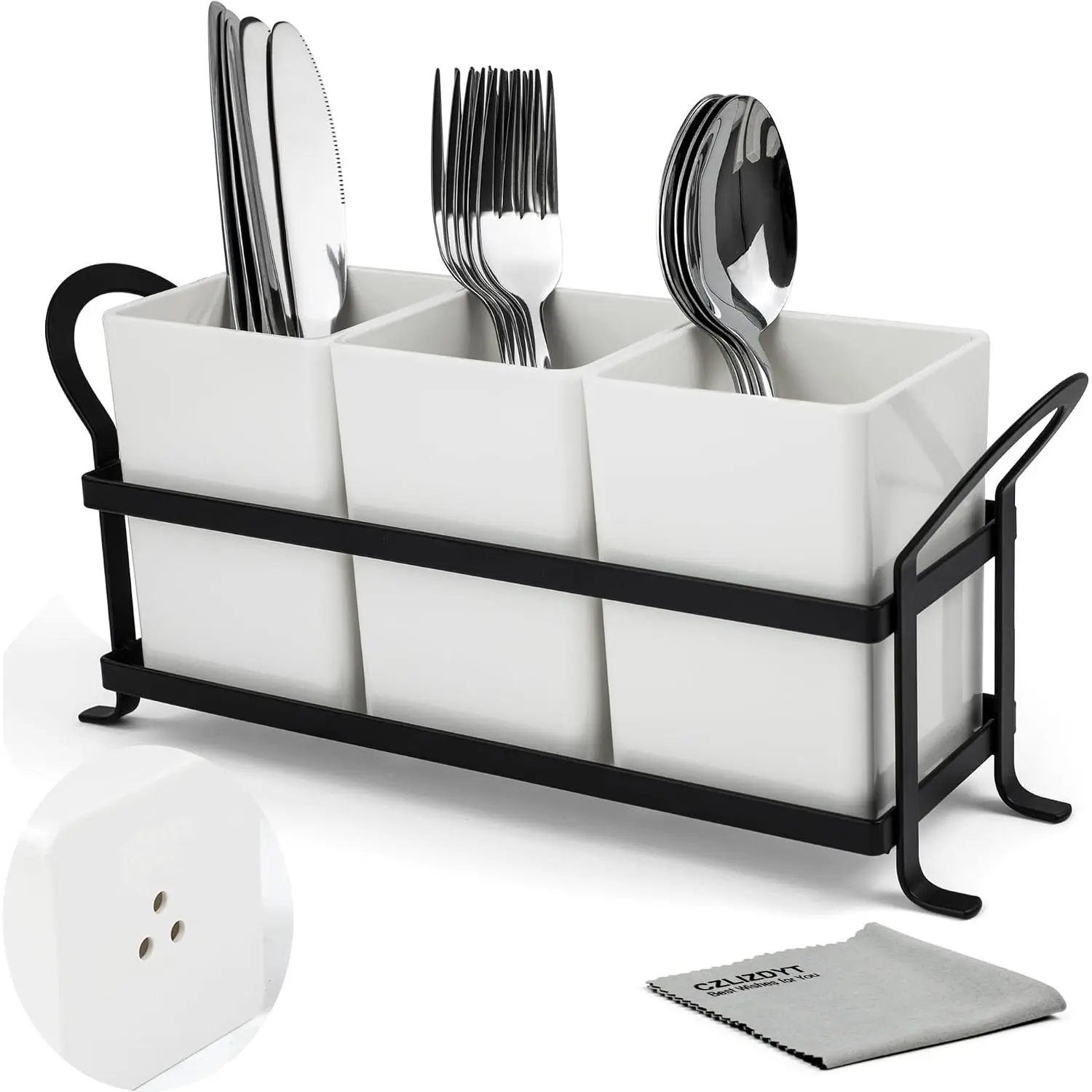 Cutlery Holder with Drain Holes, Dishwasher Safe | 3 count Bins Set, Silverware  for Party Countertop, Utensil Holders for Spoon and Fork, White