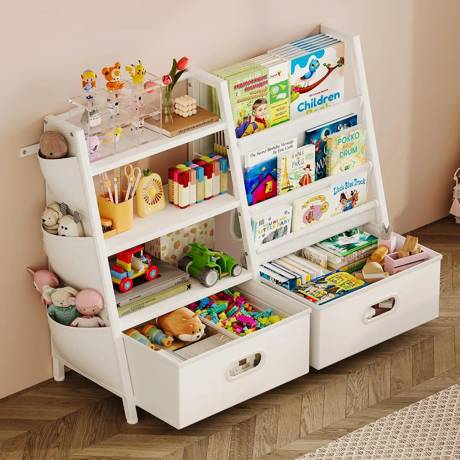 White 3-Tier Kids Nursery Storage Bookshelf - Neutral Contemporary Triangular Frame Sling Bookshelf with 2 Oxford Fabric Toy Bins, Anti-Tip Straps for Toddlers’ Children Room, Playroom