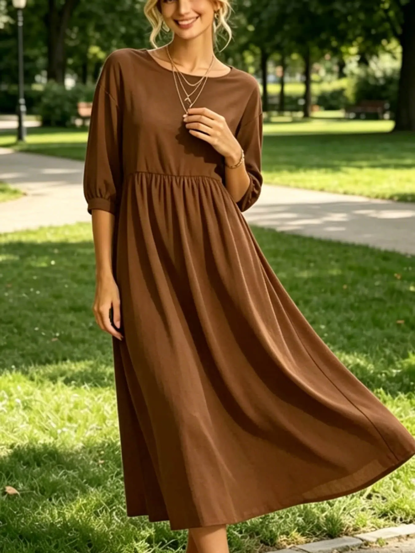 A French lazy style mid length Hem dress with lantern sleeves, slimming and versatile casual skirt, Modest summer outfit, Modesty wear, suitable for summer, daily home wear, seaside vacation, afternoon tea