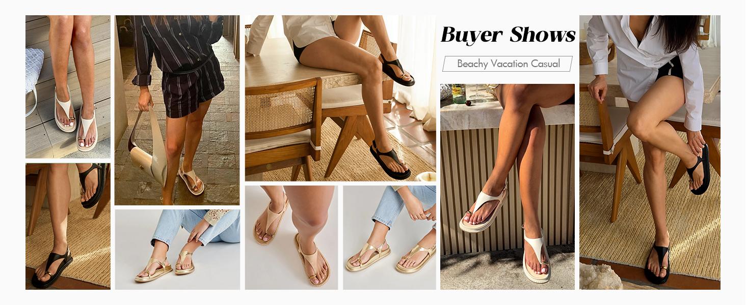 Coutgo Women's Toe Ring Flat Sandals Comfortable Flip Flops T Strap Footbed Sandals Ankle Strap Summer Beach Shoes