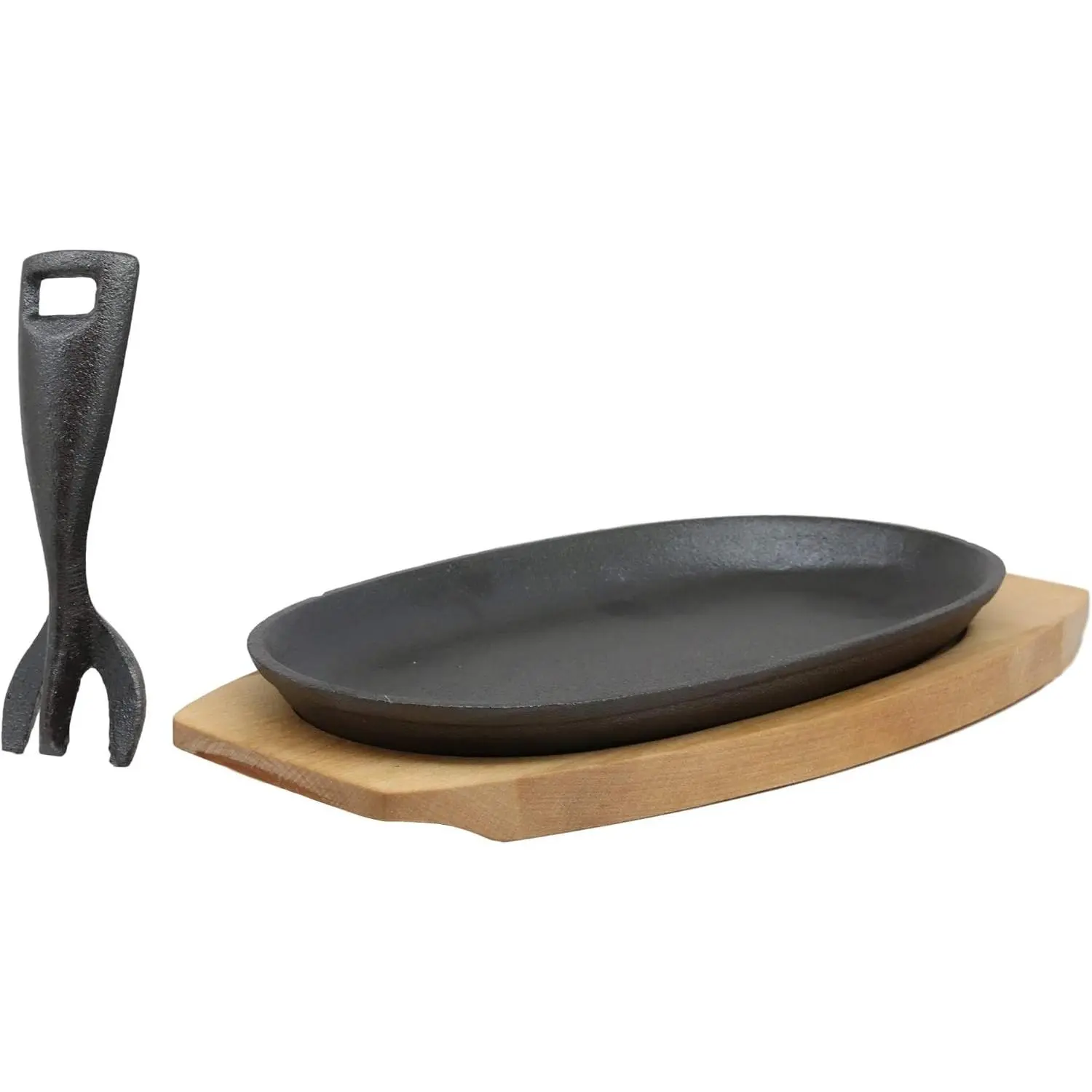 Ebros Personal Sized 9.5"Lx5.5"W Cast Iron Sizzling Fajita Skillet Japanese Steak Plate With Handle and Wooden Base For Restaurant Home Kitchen Cooking Accessory For Pan Grilling Meats Seafood