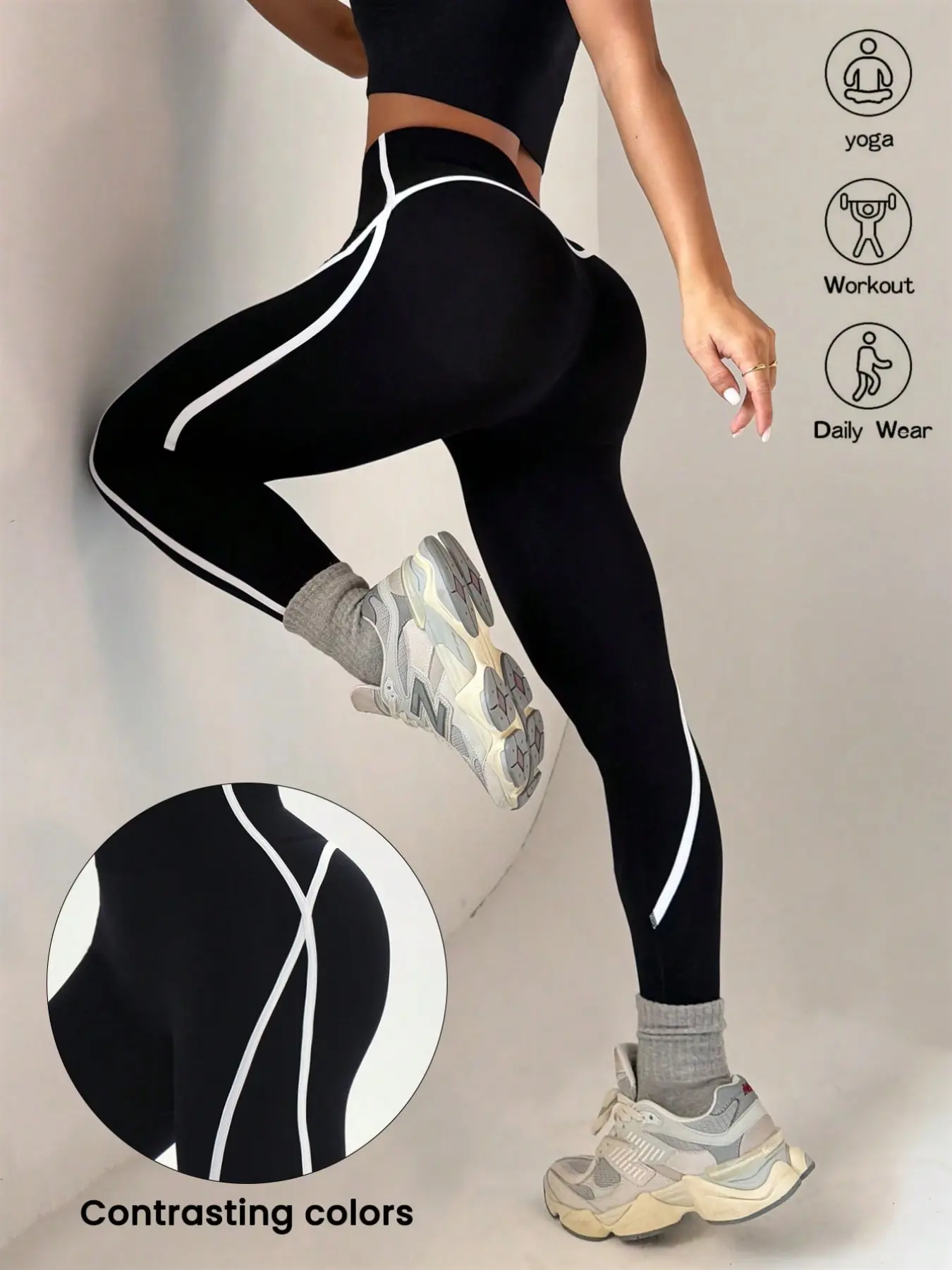 Women Seamless Scrunch Butt Yoga Pants Contrast White Line High Waist Tummy Control Gym Running Fitness Leggings High Waist Compression